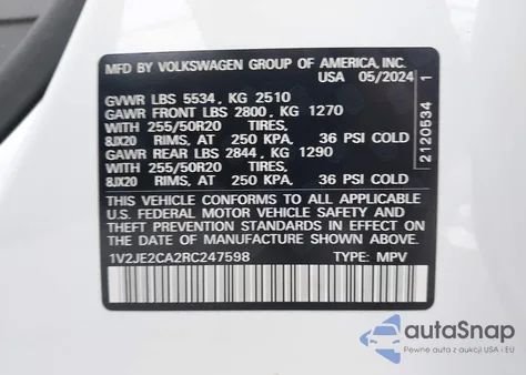 2024 Volkswagen Atlas Cross Sport 2.0T Se W/Technology из США, поврежденный, VIN 1V2JE2CA2RC247598